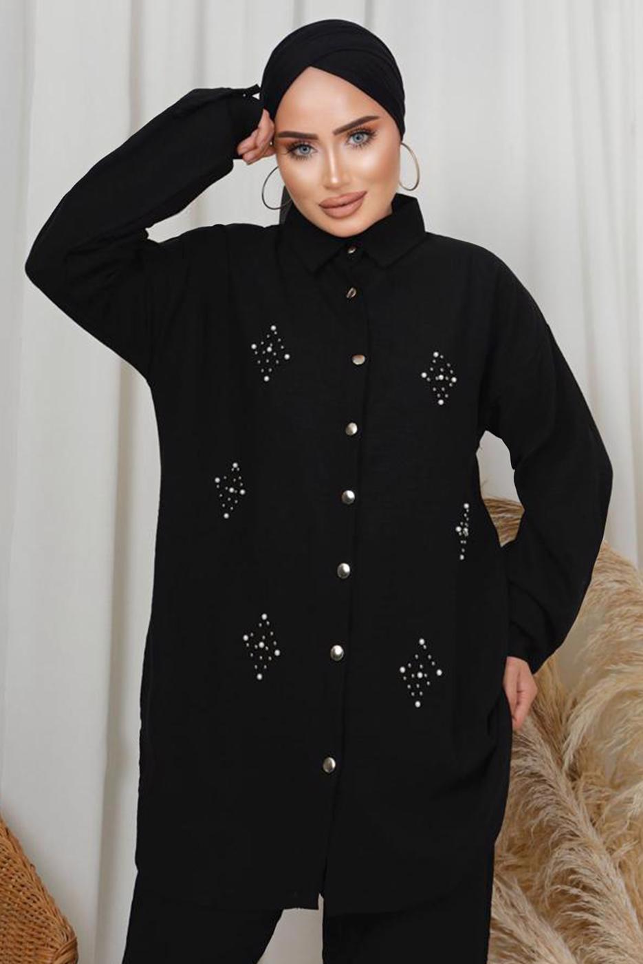 Tesettür giyim SİYAH İNCİ TAŞ DETAYLI İKİLİ PANTOLONLU TAKIM T 1133