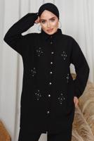 Tesettür giyim SİYAH İNCİ TAŞ DETAYLI İKİLİ PANTOLONLU TAKIM T 1133