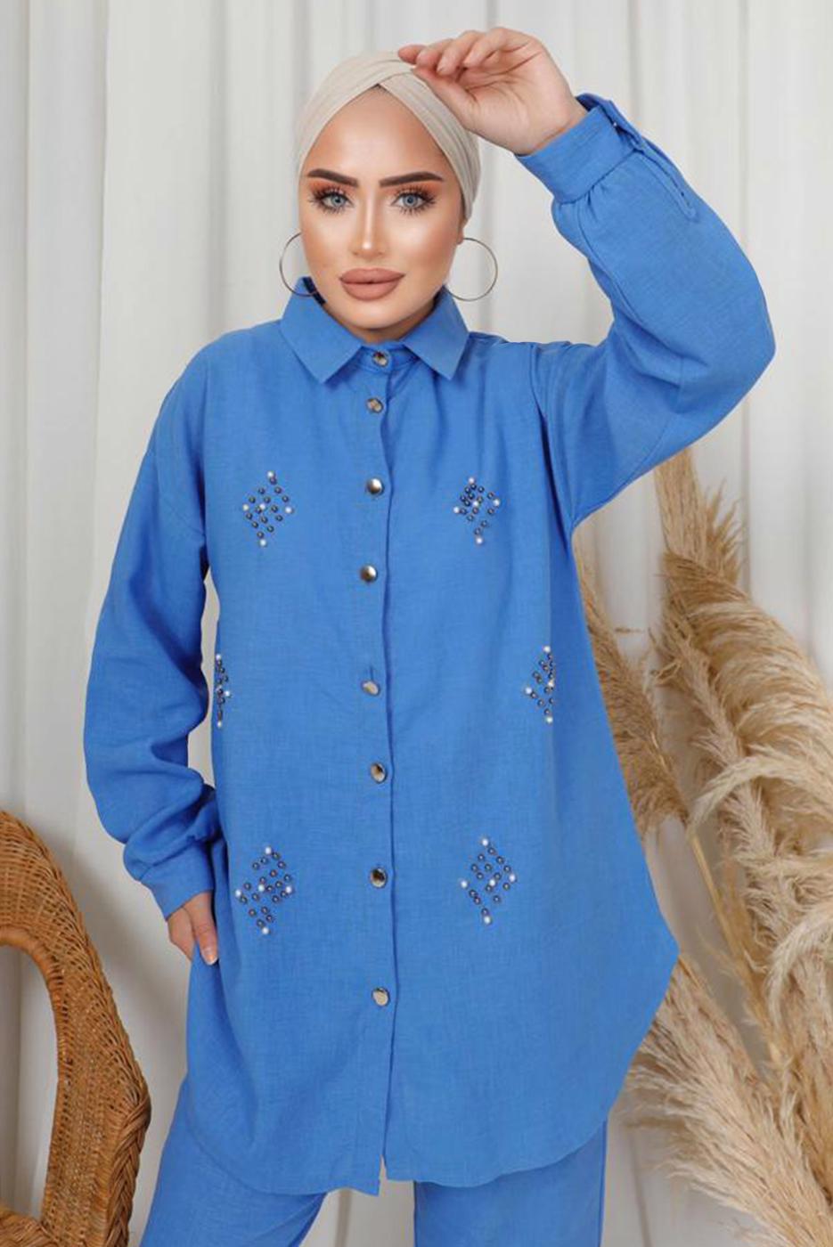Tesettür giyim MAVİ İNCİ TAŞ DETAYLI İKİLİ PANTOLONLU TAKIM T 1133
