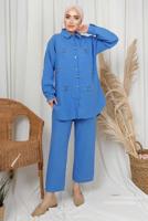 Tesettür giyim MAVİ İNCİ TAŞ DETAYLI İKİLİ PANTOLONLU TAKIM T 1133
