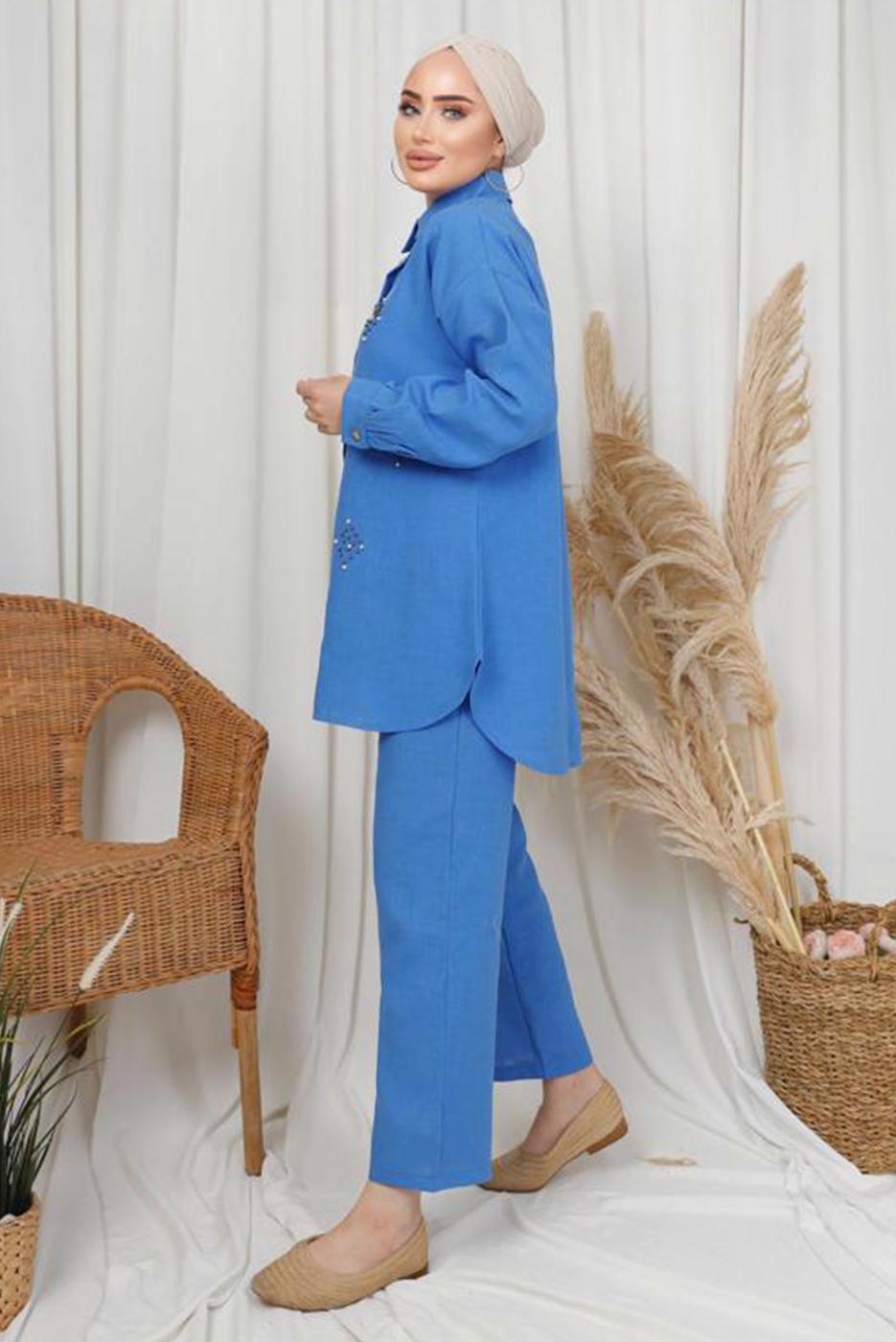 Tesettür giyim MAVİ İNCİ TAŞ DETAYLI İKİLİ PANTOLONLU TAKIM T 1133