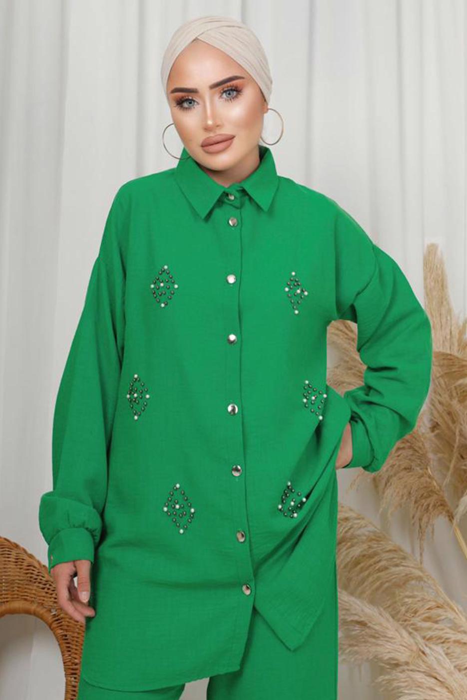Tesettür giyim YEŞİL İNCİ TAŞ DETAYLI İKİLİ PANTOLONLU TAKIM T 1133