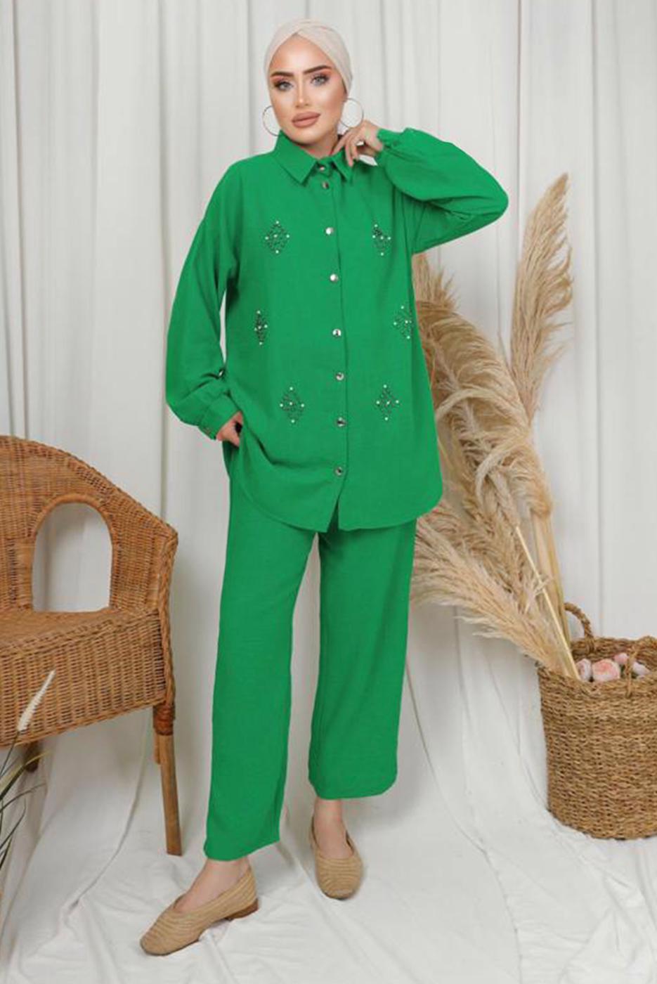 Tesettür giyim YEŞİL İNCİ TAŞ DETAYLI İKİLİ PANTOLONLU TAKIM T 1133