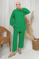 Tesettür giyim YEŞİL İNCİ TAŞ DETAYLI İKİLİ PANTOLONLU TAKIM T 1133