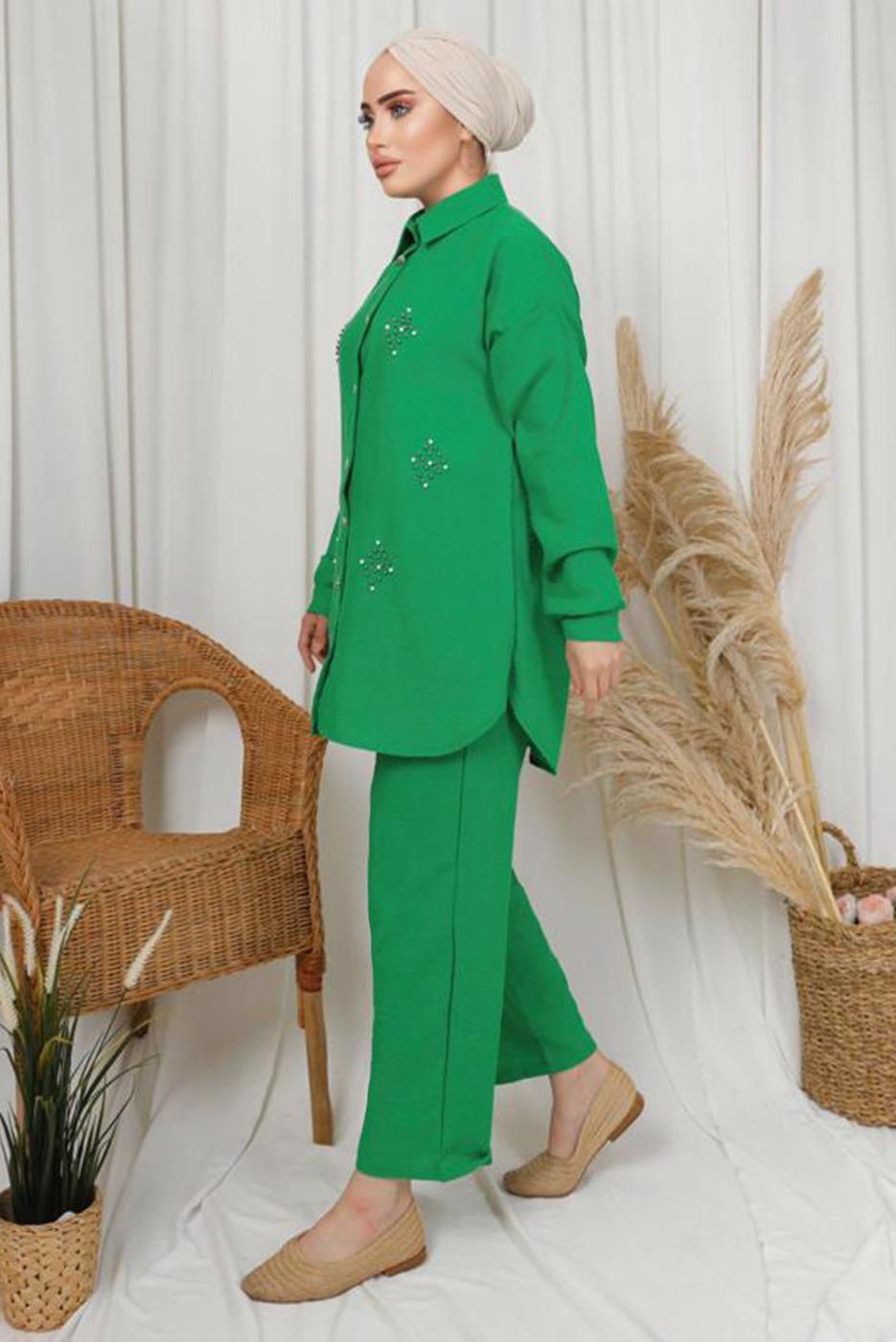 Tesettür giyim YEŞİL İNCİ TAŞ DETAYLI İKİLİ PANTOLONLU TAKIM T 1133