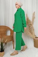 Tesettür giyim YEŞİL İNCİ TAŞ DETAYLI İKİLİ PANTOLONLU TAKIM T 1133