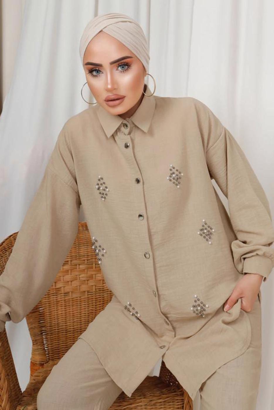 Tesettür giyim BEJ İNCİ TAŞ DETAYLI İKİLİ PANTOLONLU TAKIM T 1133