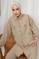 Tesettür giyim BEJ İNCİ TAŞ DETAYLI İKİLİ PANTOLONLU TAKIM T 1133