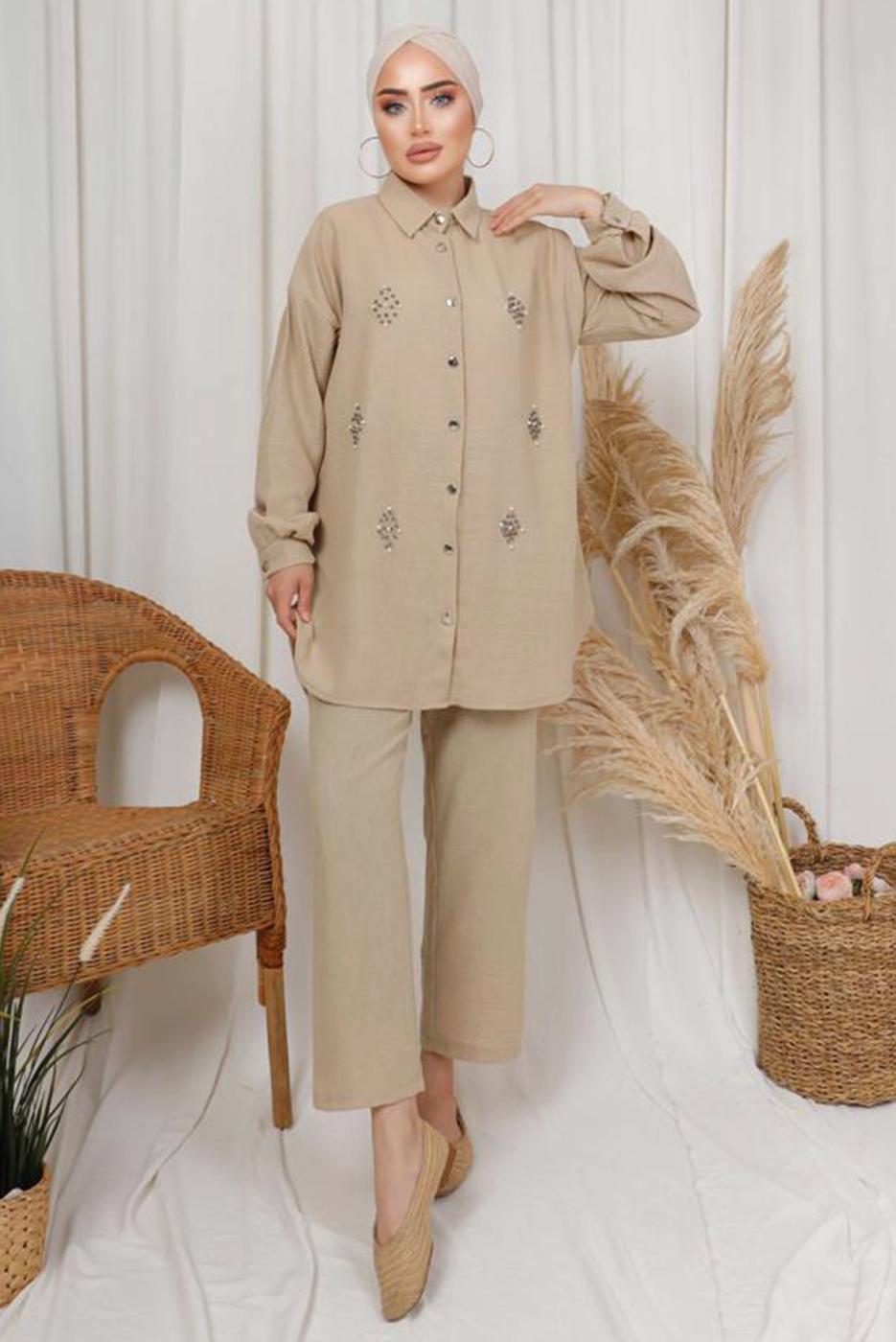 Tesettür giyim BEJ İNCİ TAŞ DETAYLI İKİLİ PANTOLONLU TAKIM T 1133