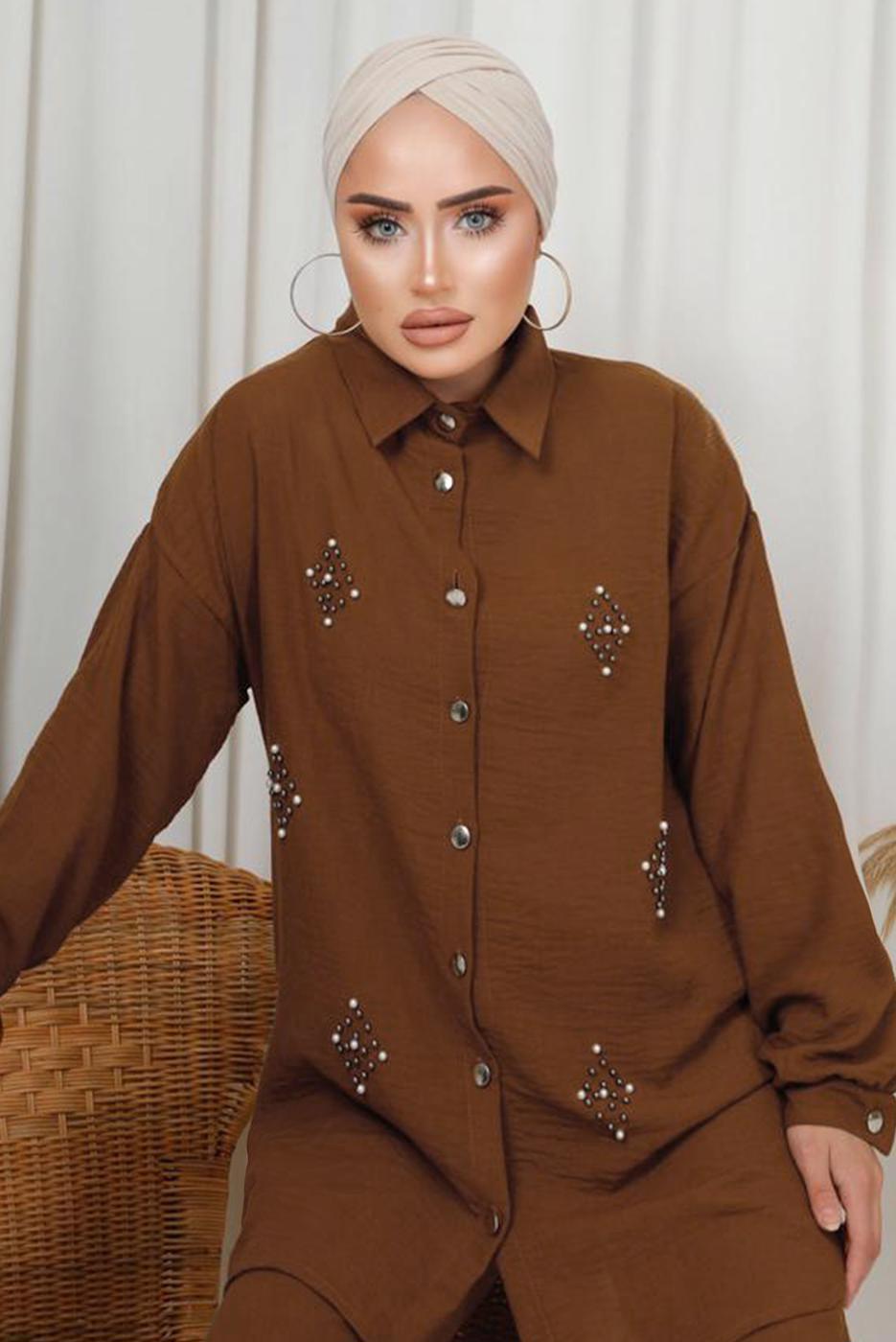 Tesettür giyim KAHVE İNCİ TAŞ DETAYLI İKİLİ PANTOLONLU TAKIM T 1133