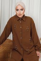 Tesettür giyim KAHVE İNCİ TAŞ DETAYLI İKİLİ PANTOLONLU TAKIM T 1133