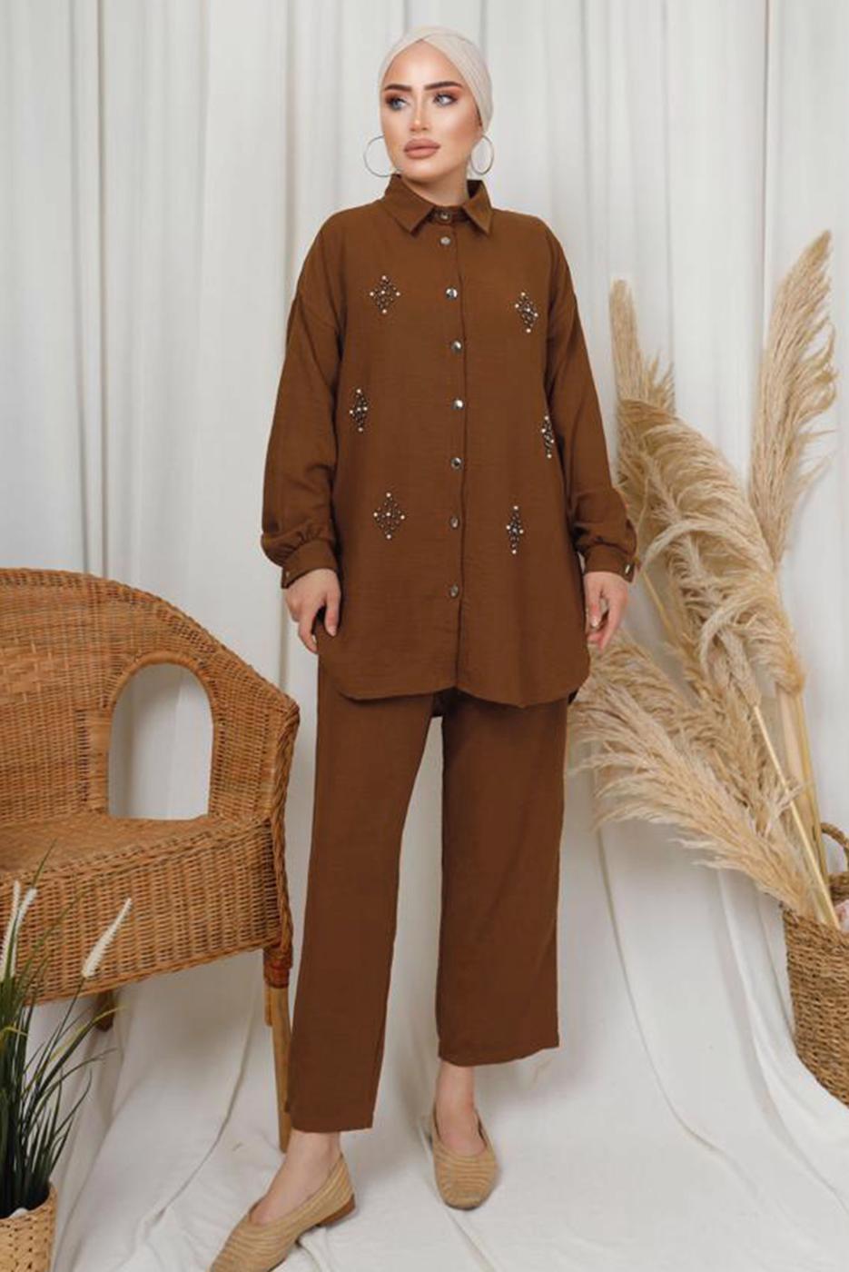 Tesettür giyim KAHVE İNCİ TAŞ DETAYLI İKİLİ PANTOLONLU TAKIM T 1133