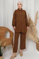 Tesettür giyim KAHVE İNCİ TAŞ DETAYLI İKİLİ PANTOLONLU TAKIM T 1133