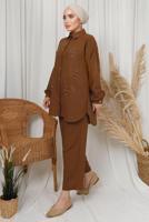 Tesettür giyim KAHVE İNCİ TAŞ DETAYLI İKİLİ PANTOLONLU TAKIM T 1133