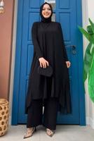 Vêtements hijab NOIR COSTUME 3 PIÈCES PANTALON LARGE DÉTAIL VOLANT T 1148