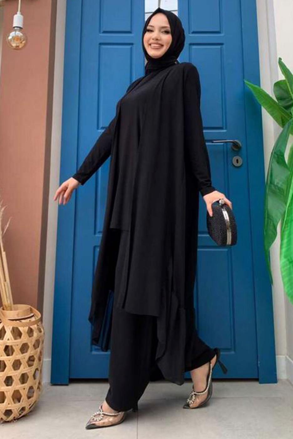 Vêtements hijab NOIR COSTUME 3 PIÈCES PANTALON LARGE DÉTAIL VOLANT T 1148