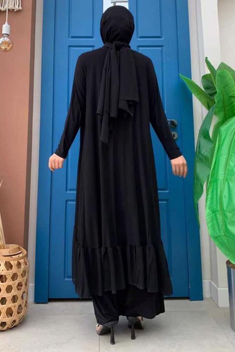 Vêtements hijab NOIR COSTUME 3 PIÈCES PANTALON LARGE DÉTAIL VOLANT T 1148