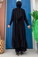 Vêtements hijab NOIR COSTUME 3 PIÈCES PANTALON LARGE DÉTAIL VOLANT T 1148