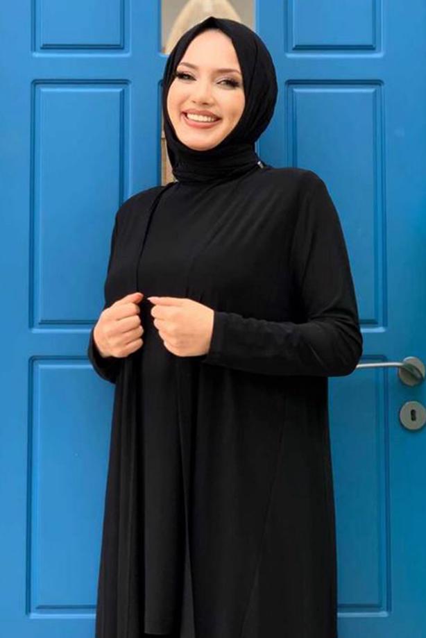 Hijab clothing BLACK FRILL DETAIL WIDE LEG 3-PIECE PANTS SUIT T 1148 - TRENDTESETTÜR