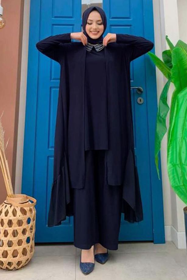 Tesettür giyim LACİVERT FIRFIR DETAYLI GENİŞ PAÇA ÜÇLÜ PANTOLONLU TAKIM T 1148 - TRENDTESETTÜR