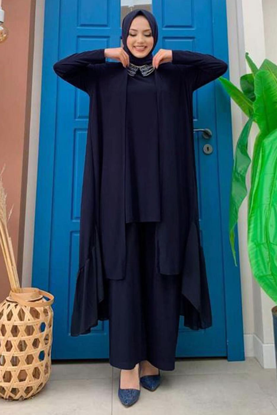 Vêtements hijab BLEU MARINE COSTUME 3 PIÈCES PANTALON LARGE DÉTAIL VOLANT T 1148