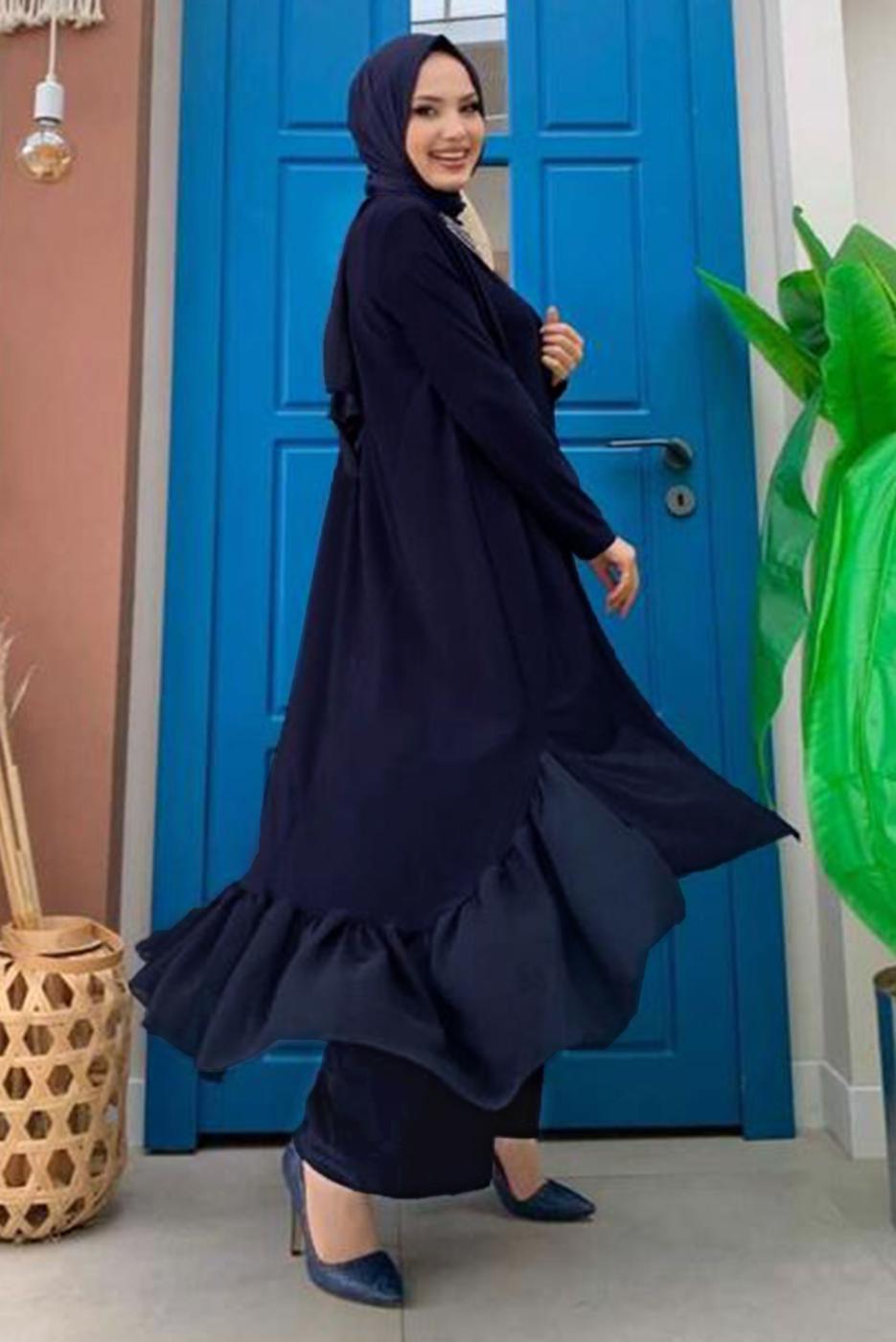 Vêtements hijab BLEU MARINE COSTUME 3 PIÈCES PANTALON LARGE DÉTAIL VOLANT T 1148