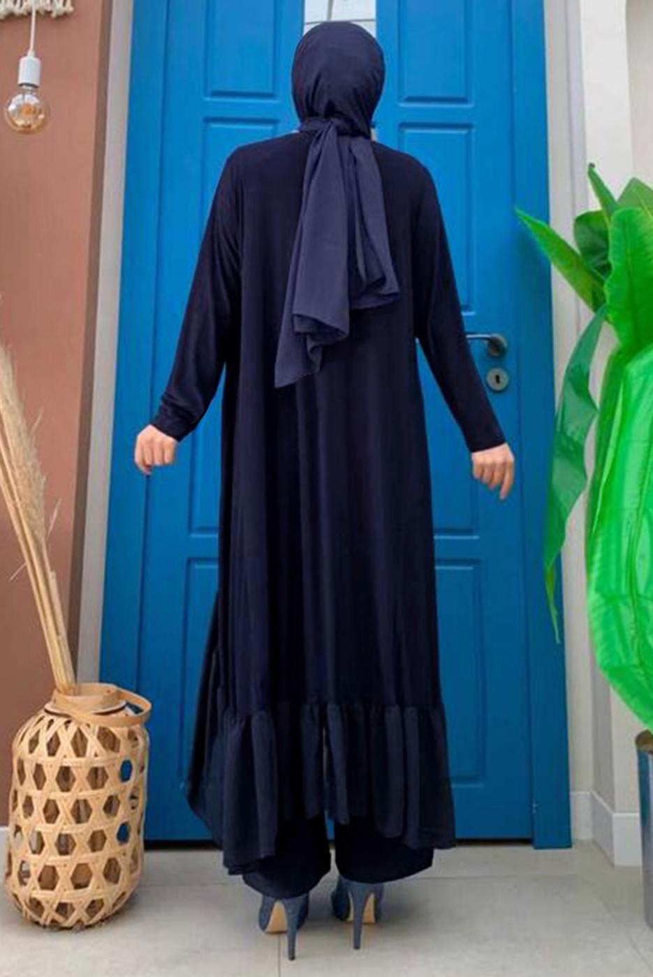 Vêtements hijab BLEU MARINE COSTUME 3 PIÈCES PANTALON LARGE DÉTAIL VOLANT T 1148