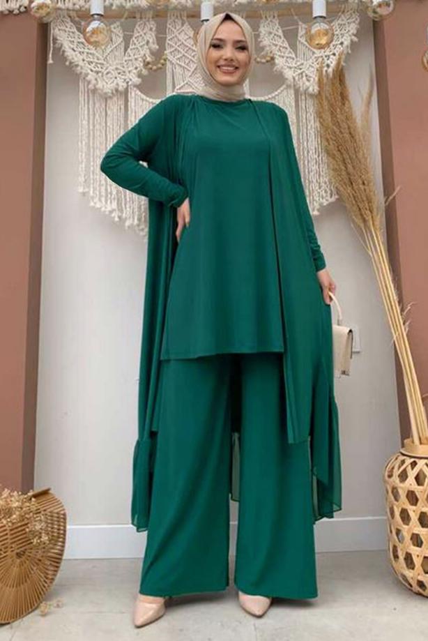 Tesettür giyim YEŞİL FIRFIR DETAYLI GENİŞ PAÇA ÜÇLÜ PANTOLONLU TAKIM T 1148 - TRENDTESETTÜR