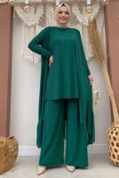 Tesettür giyim YEŞİL FIRFIR DETAYLI GENİŞ PAÇA ÜÇLÜ PANTOLONLU TAKIM T 1148