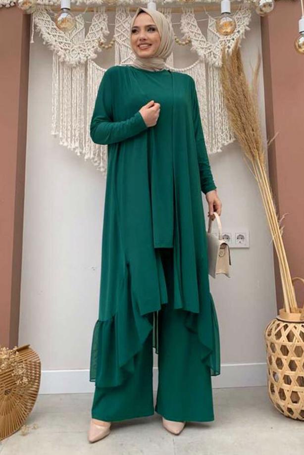 Tesettür giyim YEŞİL FIRFIR DETAYLI GENİŞ PAÇA ÜÇLÜ PANTOLONLU TAKIM T 1148 - TRENDTESETTÜR