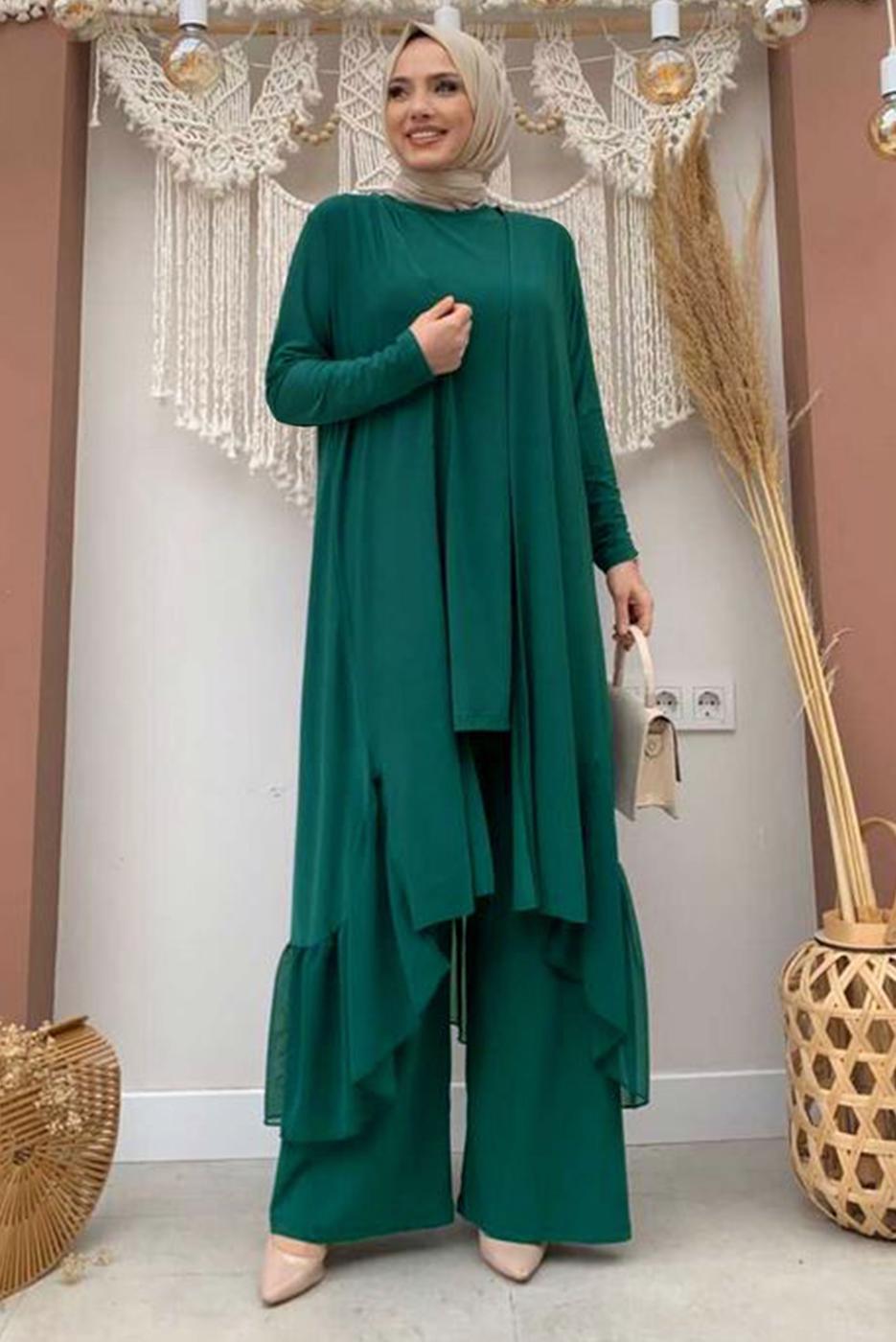 Tesettür giyim YEŞİL FIRFIR DETAYLI GENİŞ PAÇA ÜÇLÜ PANTOLONLU TAKIM T 1148
