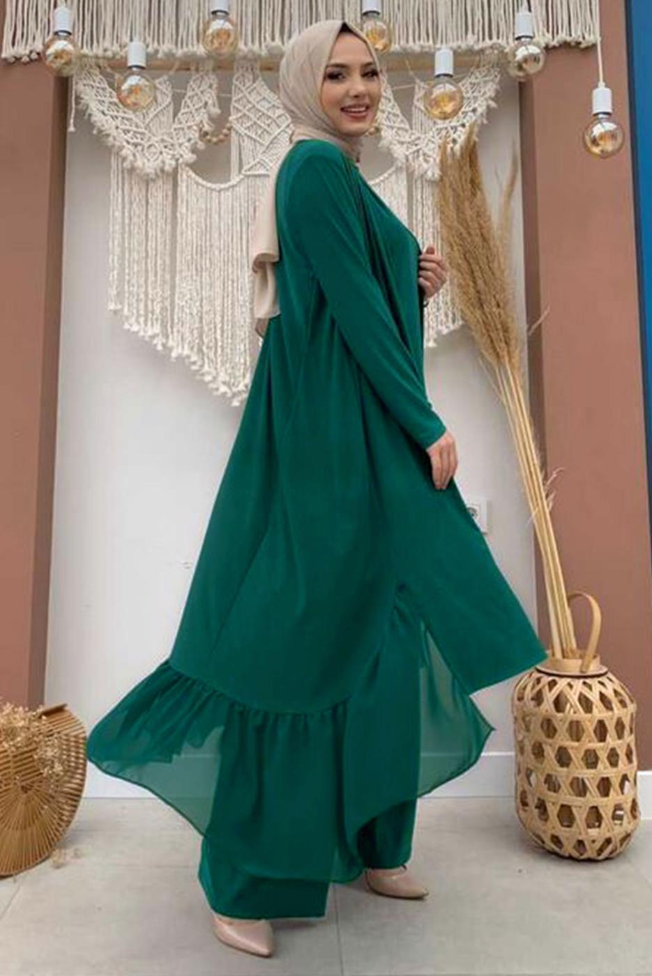 Tesettür giyim YEŞİL FIRFIR DETAYLI GENİŞ PAÇA ÜÇLÜ PANTOLONLU TAKIM T 1148