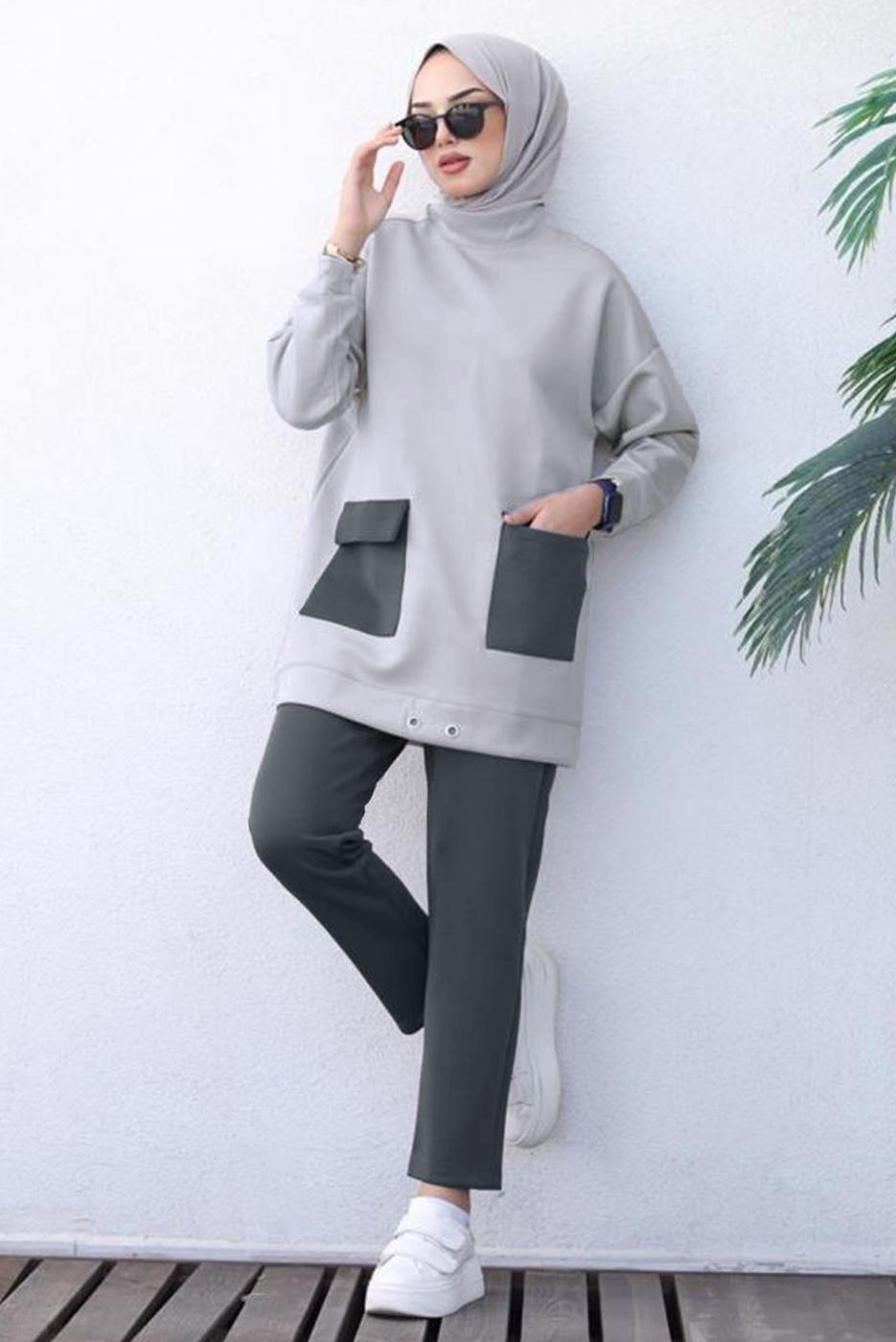 Tesettür giyim GRİ ÖNÜ CEP DETAYLI PANTOLONLU SCUBA TAKIM T 1202