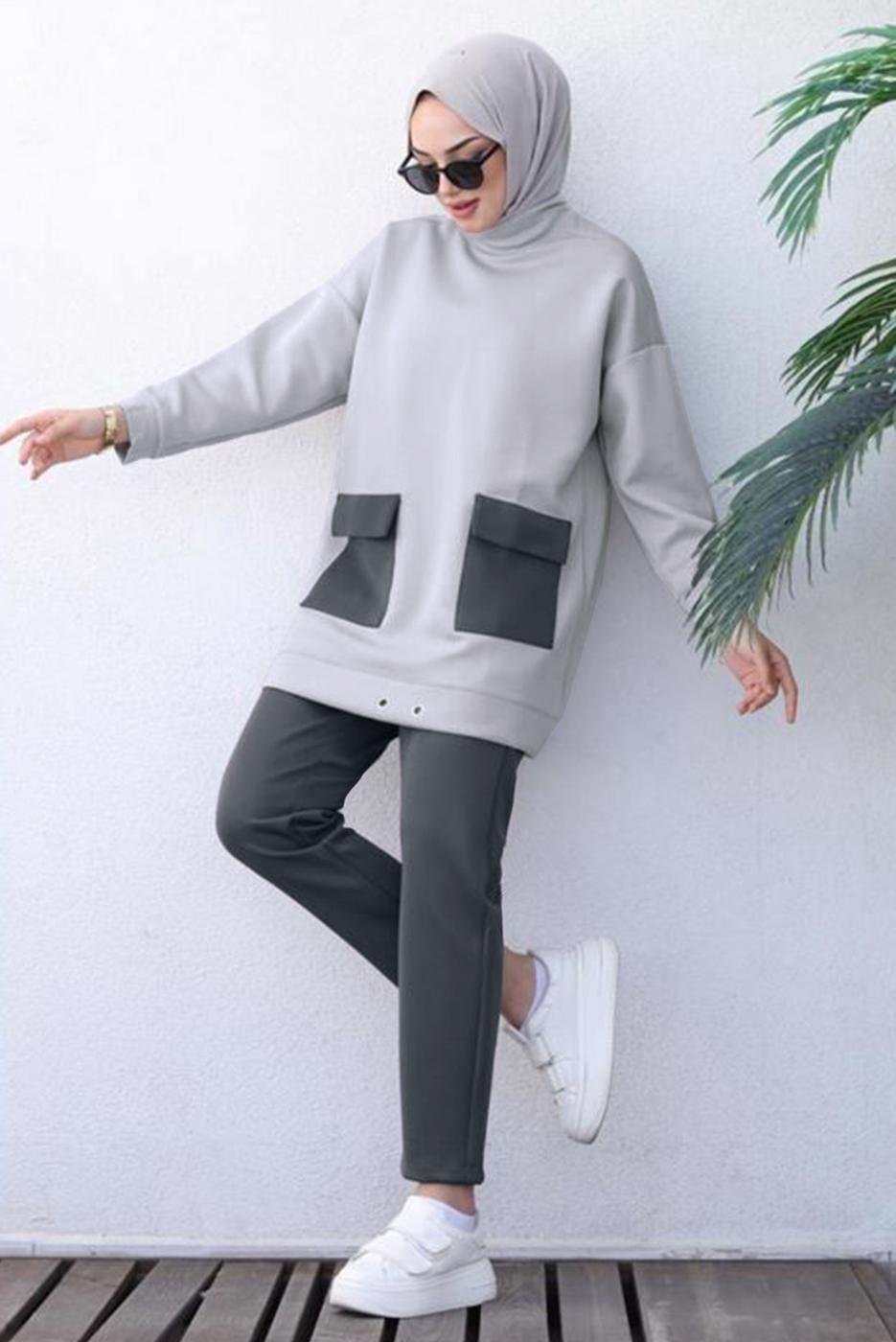 Tesettür giyim GRİ ÖNÜ CEP DETAYLI PANTOLONLU SCUBA TAKIM T 1202