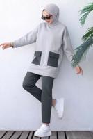 Tesettür giyim GRİ ÖNÜ CEP DETAYLI PANTOLONLU SCUBA TAKIM T 1202