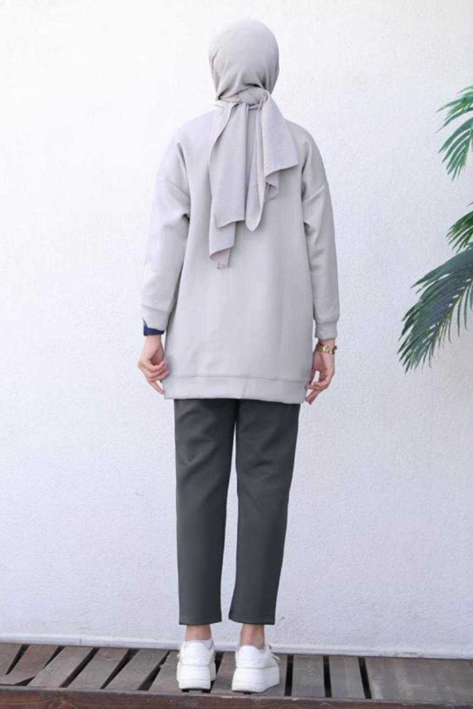 Tesettür giyim GRİ ÖNÜ CEP DETAYLI PANTOLONLU SCUBA TAKIM T 1202