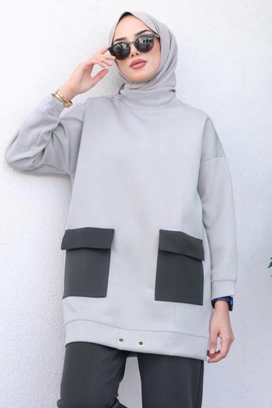 Tesettür giyim GRİ ÖNÜ CEP DETAYLI PANTOLONLU SCUBA TAKIM T 1202