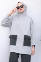 Tesettür giyim GRİ ÖNÜ CEP DETAYLI PANTOLONLU SCUBA TAKIM T 1202