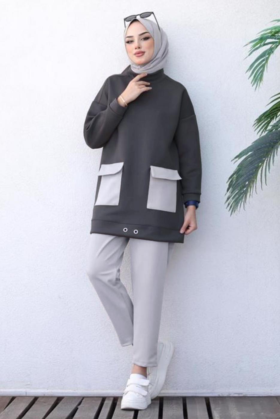 Tesettür giyim GRİ ÖNÜ CEP DETAYLI PANTOLONLU SCUBA TAKIM T 1202