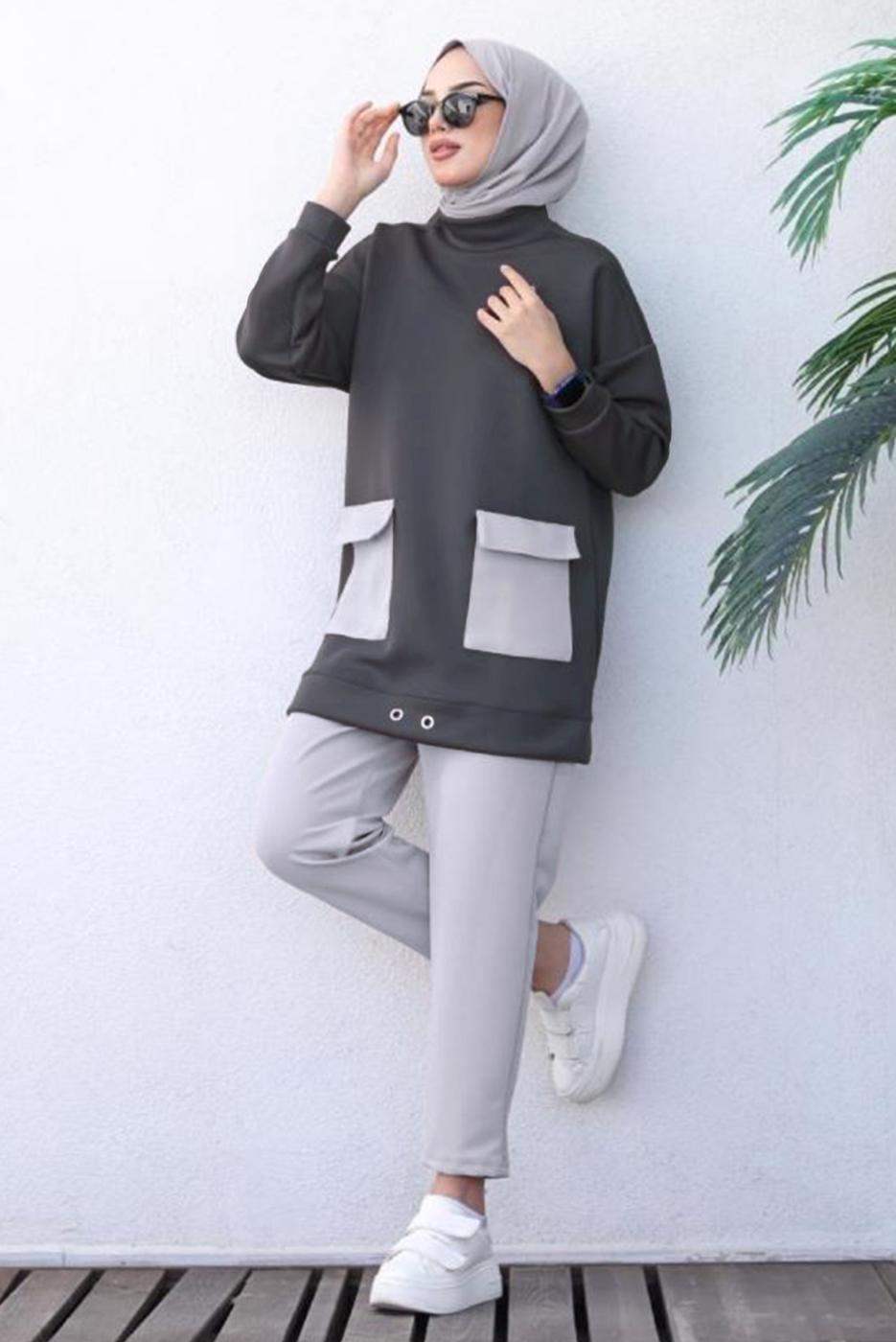 Tesettür giyim GRİ ÖNÜ CEP DETAYLI PANTOLONLU SCUBA TAKIM T 1202
