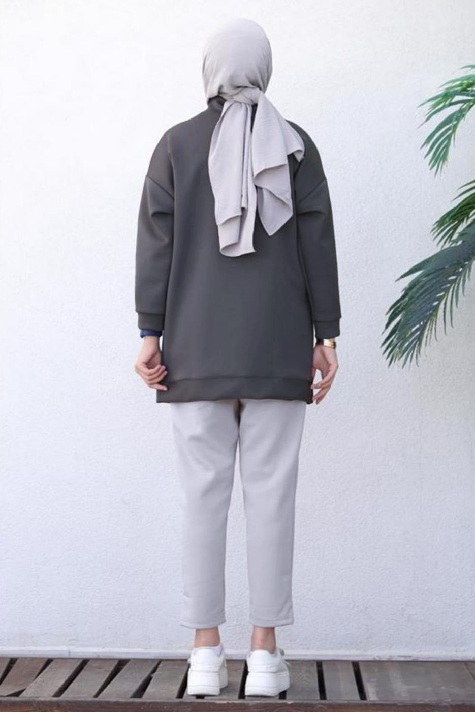 Tesettür giyim GRİ ÖNÜ CEP DETAYLI PANTOLONLU SCUBA TAKIM T 1202