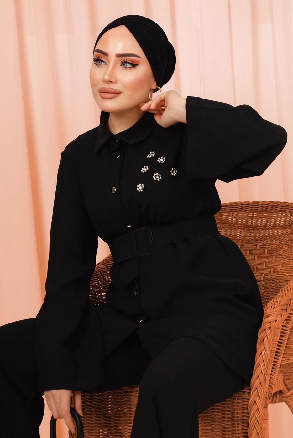 Tesettür giyim SİYAH KEMERLİ İNCİ DETAYLI İKİLİ PANTOLONLU TAKIM T 1303