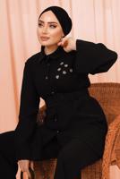 Tesettür giyim SİYAH KEMERLİ İNCİ DETAYLI İKİLİ PANTOLONLU TAKIM T 1303