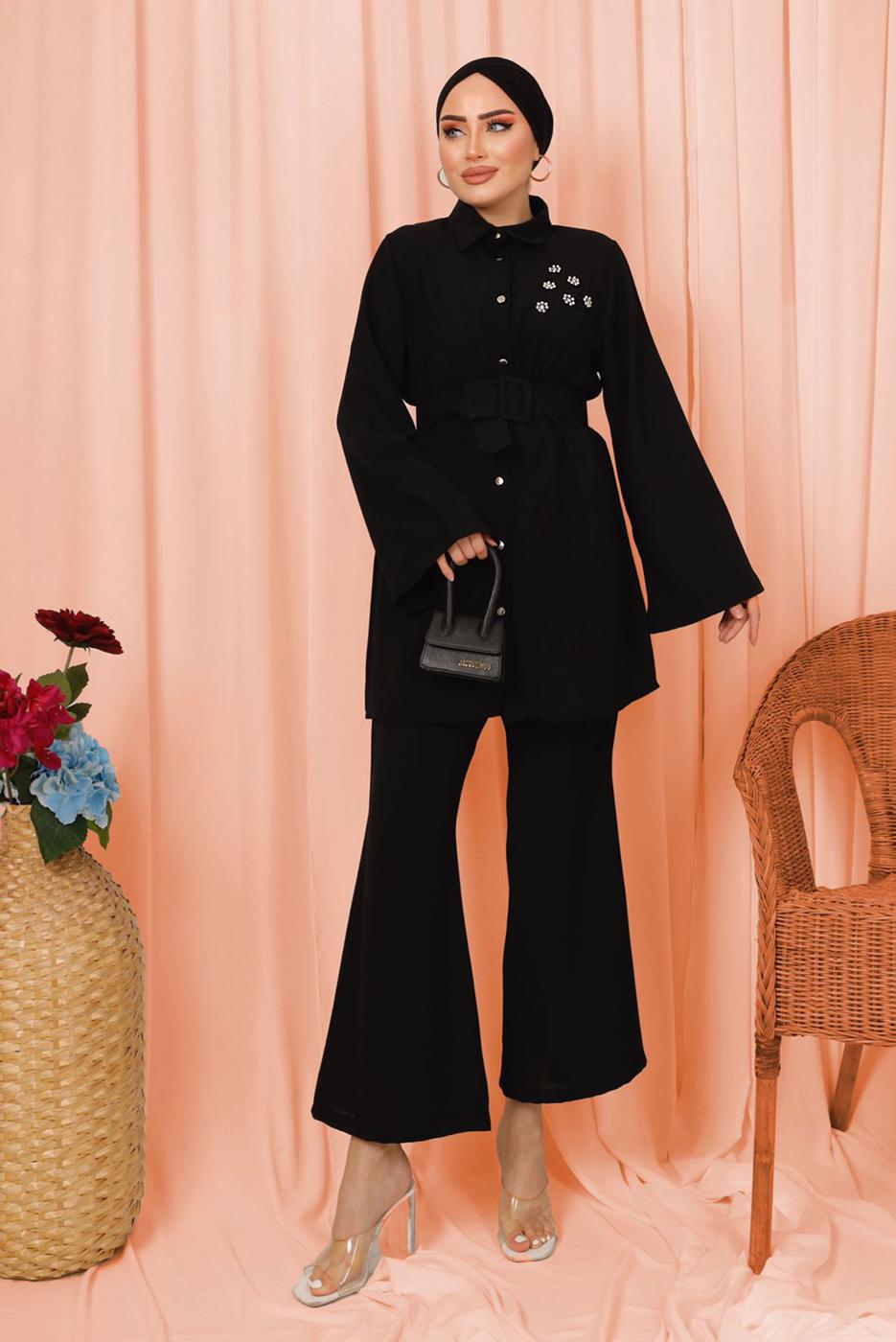 Tesettür giyim SİYAH KEMERLİ İNCİ DETAYLI İKİLİ PANTOLONLU TAKIM T 1303