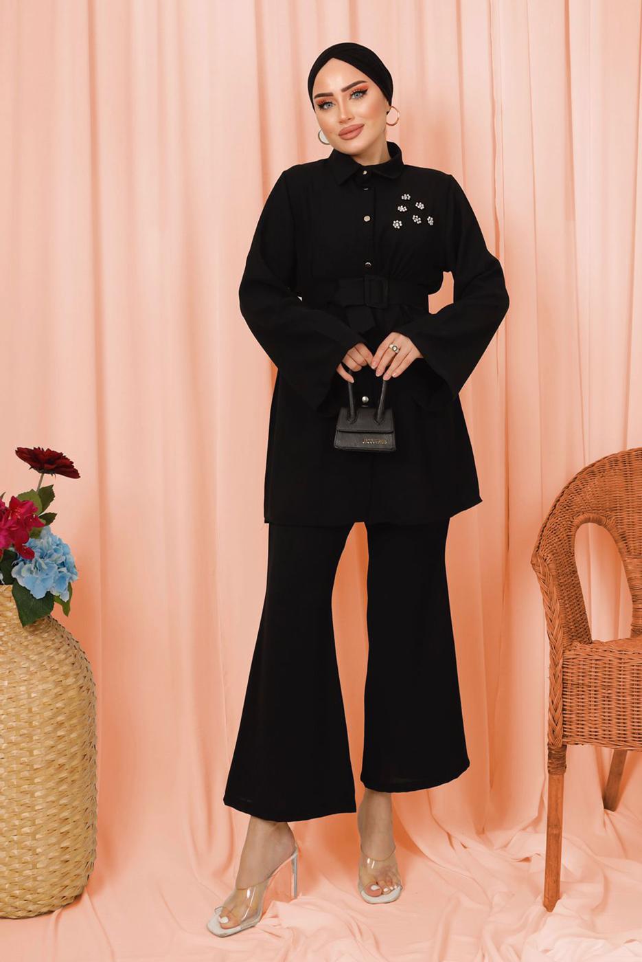 Tesettür giyim SİYAH KEMERLİ İNCİ DETAYLI İKİLİ PANTOLONLU TAKIM T 1303