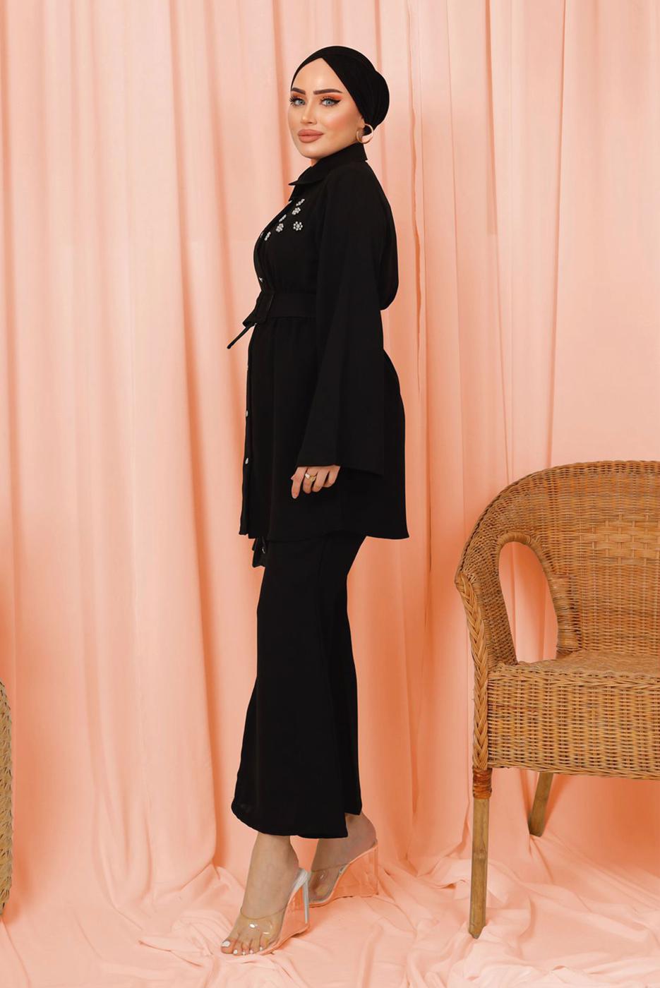 Tesettür giyim SİYAH KEMERLİ İNCİ DETAYLI İKİLİ PANTOLONLU TAKIM T 1303