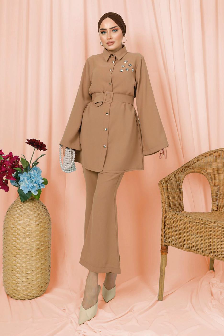 Tesettür giyim KAHVE KEMERLİ İNCİ DETAYLI İKİLİ PANTOLONLU TAKIM T 1303
