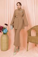 Tesettür giyim KAHVE KEMERLİ İNCİ DETAYLI İKİLİ PANTOLONLU TAKIM T 1303