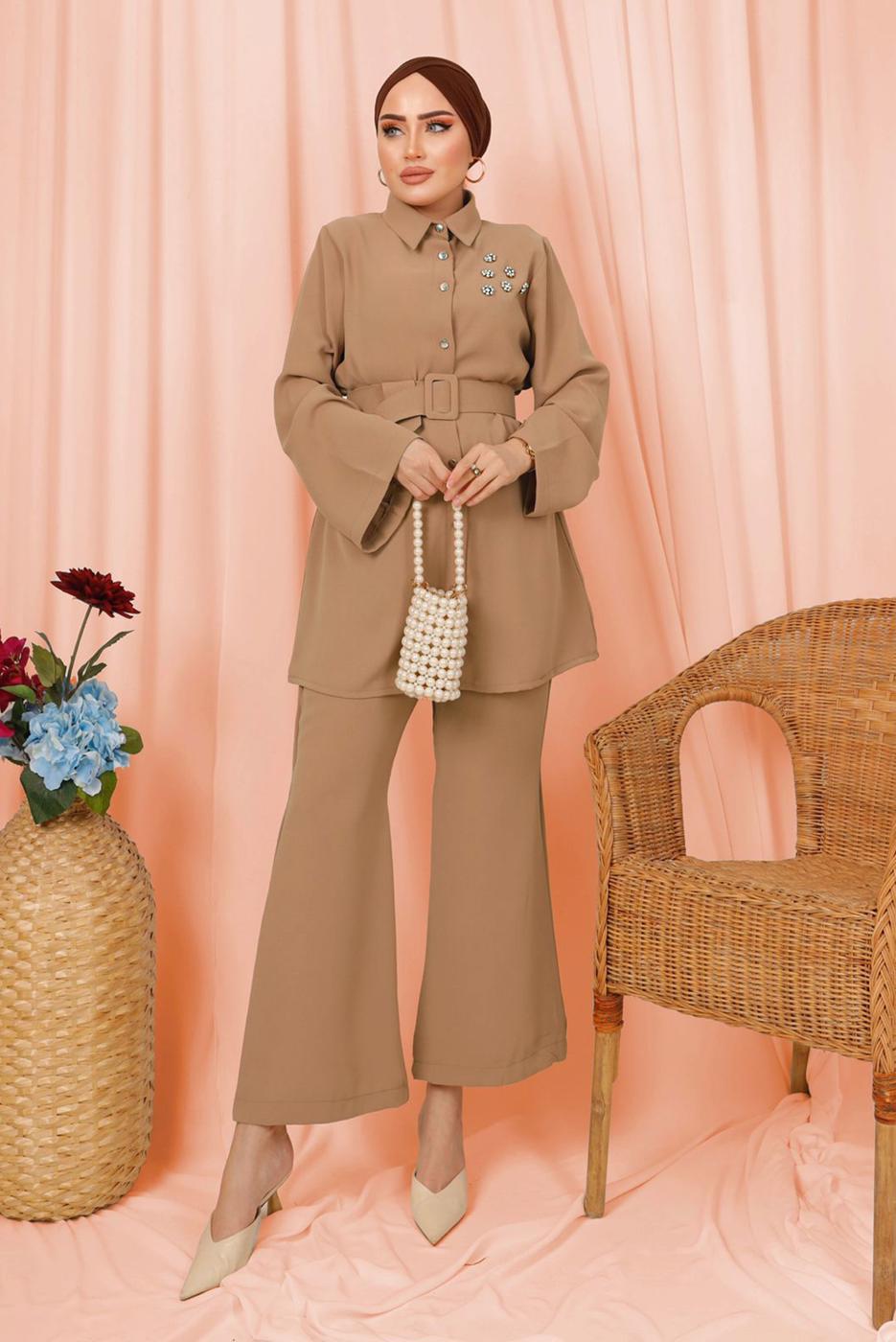 Tesettür giyim KAHVE KEMERLİ İNCİ DETAYLI İKİLİ PANTOLONLU TAKIM T 1303