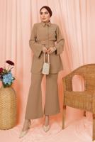 Tesettür giyim KAHVE KEMERLİ İNCİ DETAYLI İKİLİ PANTOLONLU TAKIM T 1303
